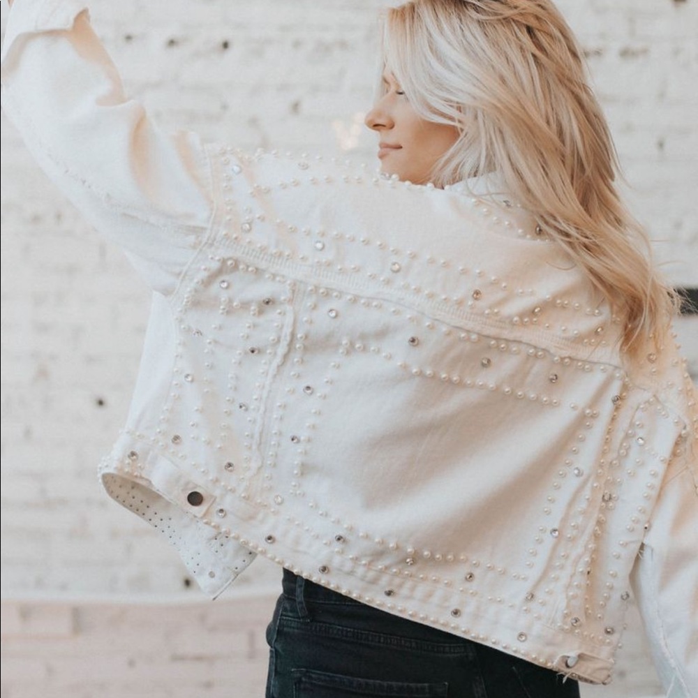 White Denim Jacket with Pearls and Jewels